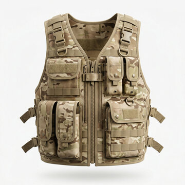 Tactical vest in camouflage with multiple pockets and fasteners. Military equipment, special clothing. Front view, isolated on a white background. Protective clothing, equipment, military style.