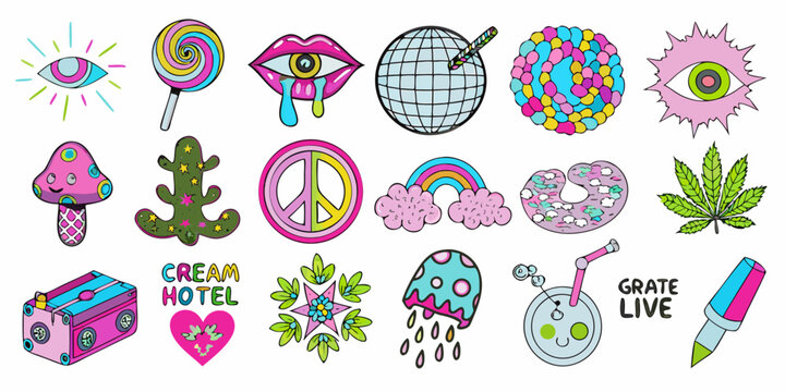 Colorful sticker collection featuring retro designs eyes and playful objects