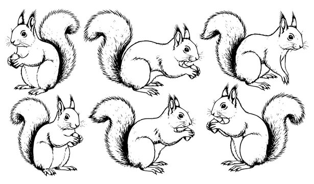 Squirrel sketch vector set with multiple wildlife poses isolated on white background