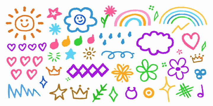 Colorful childlike drawings of suns rainbows hearts and floral elements