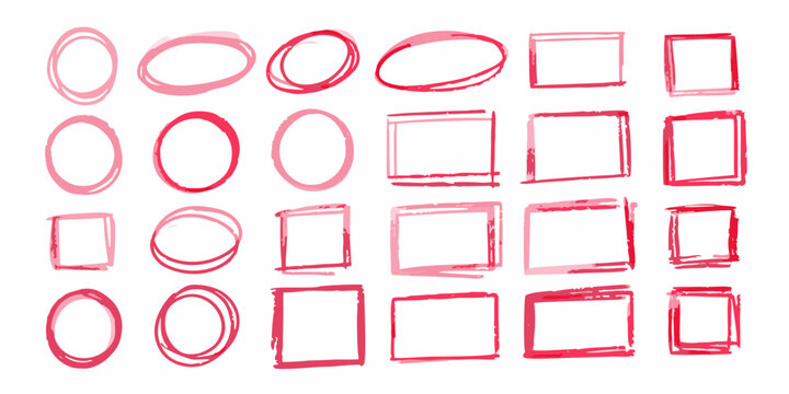 Collection of hand drawn red circles and squares with varying shades