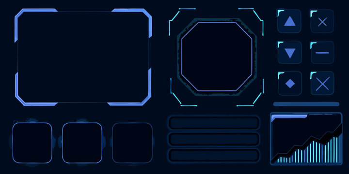 Assortment of glowing neon blue user interface elements on a dark background