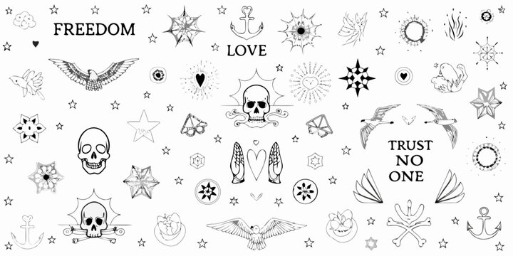 Collection of hand drawn tattoo flash designs on a white background