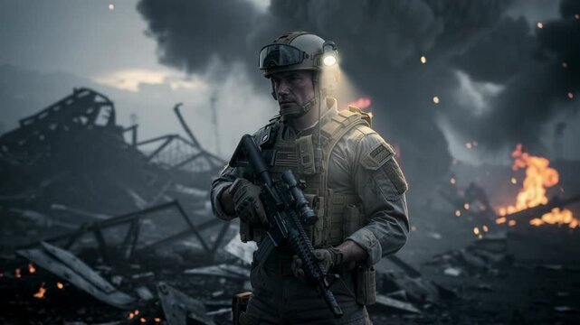 Soldier in tactical gear holding rifle with large explosion and fire in warzone background