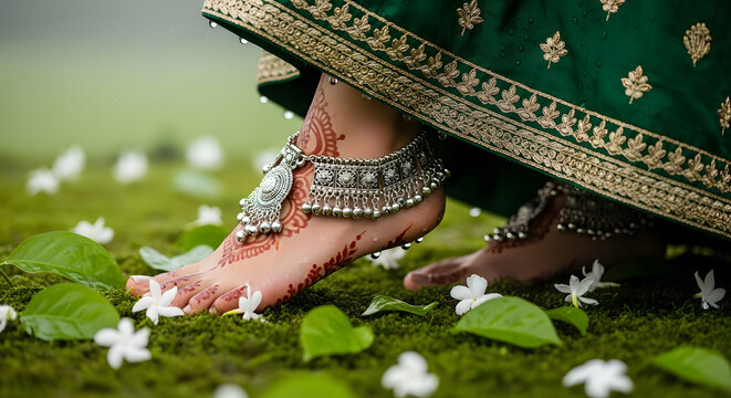 Traditional Mehndi Design on Woman's Feet with Silver Payal Anklets. AI Generated