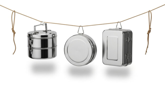 Three metallic canisters hanging on rustic string for minimalist kitchen or eco-friendly packaging concept