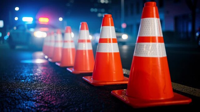 Orange traffic cones lined up on a dark road at night with police lights in the background