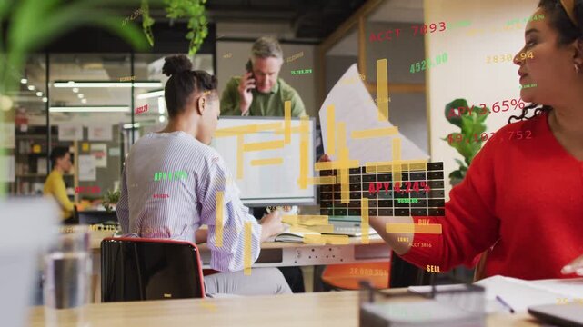 Coworker handing doc analyst taking item for review animated finance charts across desk man calling