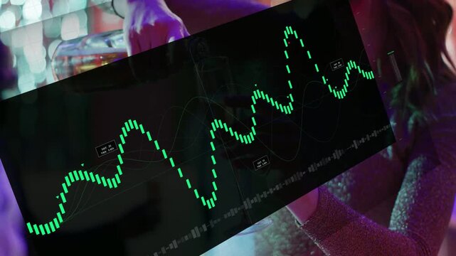 HUD overlay showing neon waveform, reacting to audio while hand pouring, woman smiling for tech