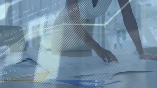 Woman in light dress, necklace smoothing and aligning plans on office table with blue file, charts