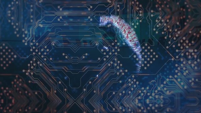 Particle-based digital globe rotating, deforming into streaming clusters over circuit-board traces