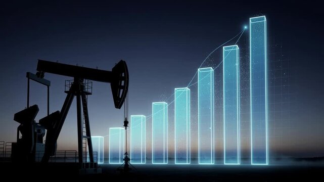 Oil pumpjack with rising digital bar graph showing energy growth and industrial progress at dusk