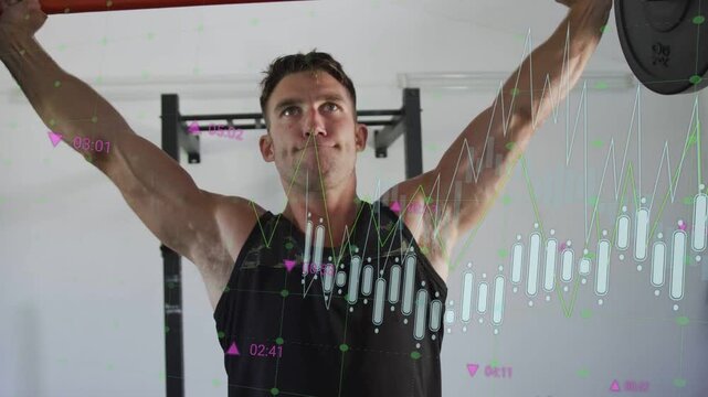 Man bracing, pressing overhead, bending and pulling barbell for training, finance charts overlaying