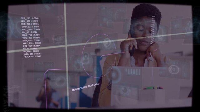 Phone call starting diag tech HUD aligning woman holding phone checking laptop info touching collar