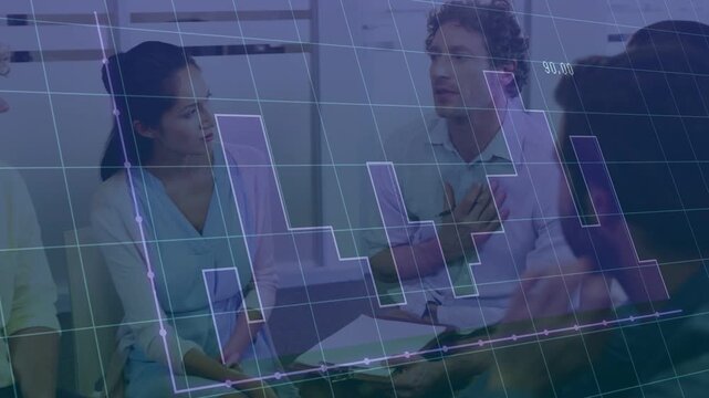 Male facilitator placing hand to chest then speaking, guiding business meeting with animated charts