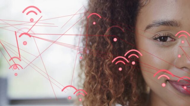 Woman opening eyes and smiling with red network nodes appearing, overlaying face, illustrating tech
