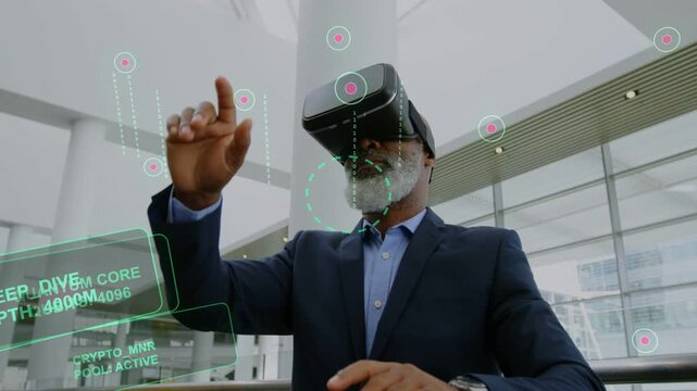 Vertical video: Tech holograms appearing, senior man in VR sweeping, pointing nodes, viewing data
