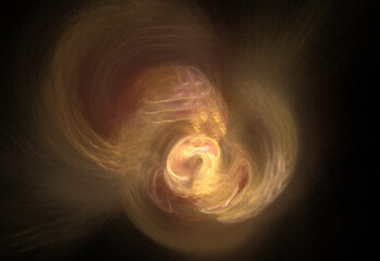 Naklejka premium Vibrant digital fractal art featuring glowing blue, cyan, and golden light trails swirling around a central dark void. Energetic cosmic motion background.
