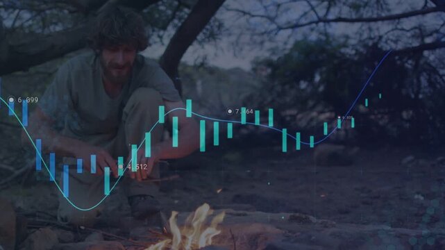 Man crouching poking campfire to steady flames, making finance candlestick chart and line fluctuate