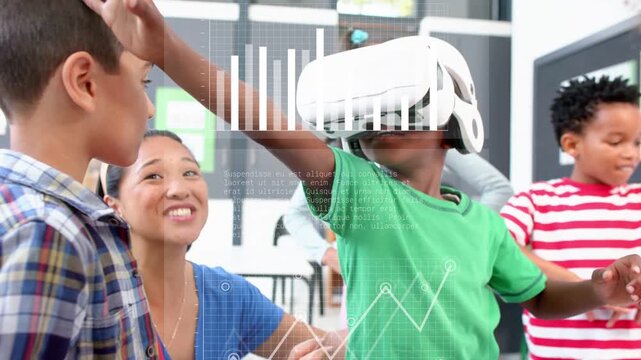 Boy in green putting on VR headset teacher guiding animated charts appearing driving class learning