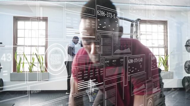 Male athlete grabbing dumbbells and doing rows in gym, HUD overlay displaying metrics, tracking