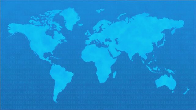 Minimalist airplane icon flying across a blue world map with a digital binary code background.
