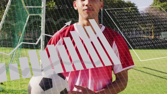 Soccer player cradling ball while HUD panels appearing and analysing performance data on torso