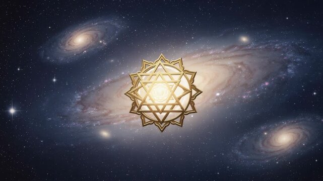 Golden sacred geometry star symbol glowing in cosmic space with galaxies and stars background