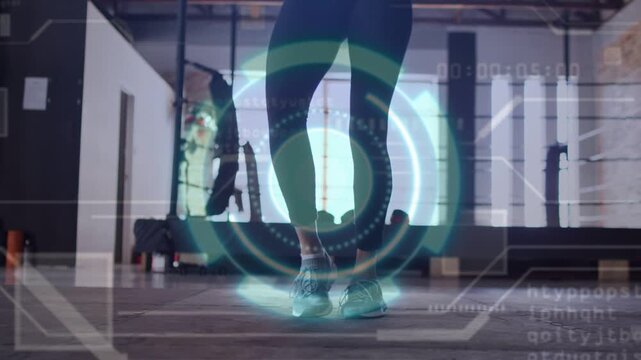 Female trainee stepping in gym, each foot lift activating HUD showing foot mechanics for balance