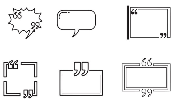 A diverse collection of quote box icons, featuring speech bubbles and rectangular frames with quotation marks, all in outline style on a white background.