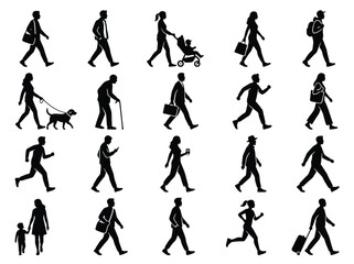 Fototapeta premium Set of people silhouettes walking, running and standing