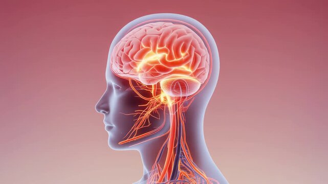 3D medical illustration of human brain and nervous system showing detailed neural pathways and anatomy