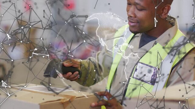 Warehouse worker scanning box label using barcode scanner for shipping while globe overlay rotating