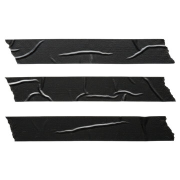 Three horizontal strips of black gaffer tape with fibrous torn edges and matte texture against a transparent background, concept of industrial repair materials