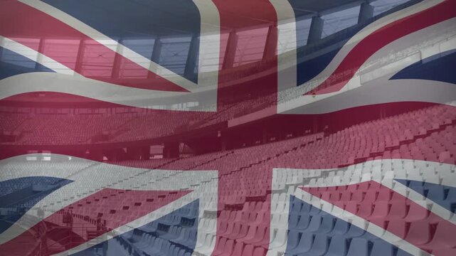 Union Jack overlay on playback rippling across empty stadium and revealing tiers for sports ad