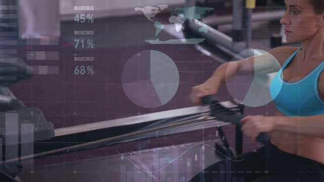 Woman settling feet gripping handle rower pulling strokes while HUD charts tracking fitness percent
