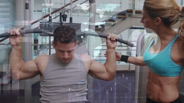 Client gripping bar overhead, pulling to chest as fitness trainer guiding wrist, HUD tracking form