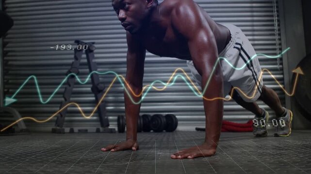 Man starting high plank doing push-ups in gym, waveform timers tracking progress, ending kneeling
