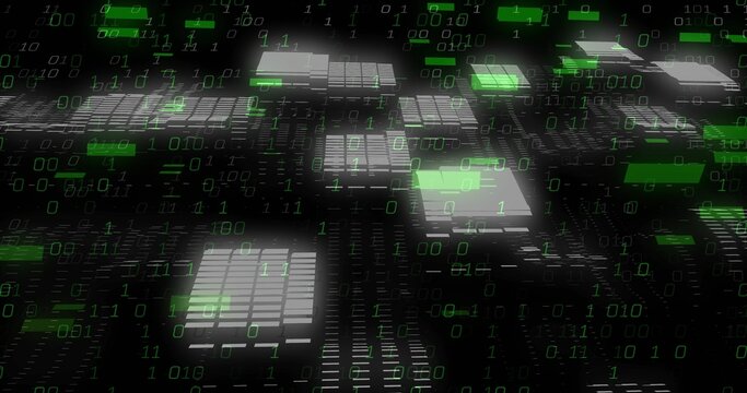 Glowing central microchip platform pulsing over virtual circuit board, with cascading green binary