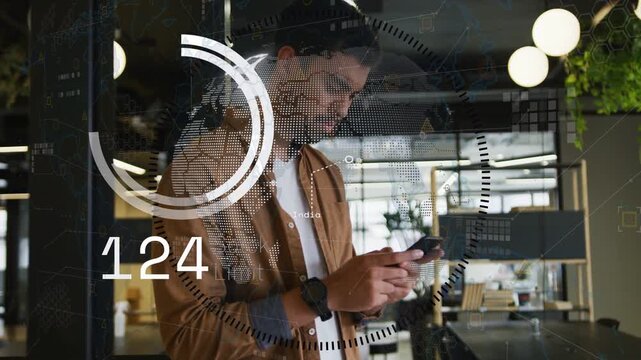 Man leaning on glass tapping phone causing map rings numbers rising, falling tracking tech metrics