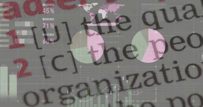 Displaying layered infographic on gray grid canvas, showing pie charts, map inset, bars, trend line