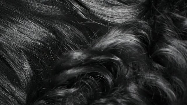 Closeup beautiful female black long curly hair texture background in slow motion
