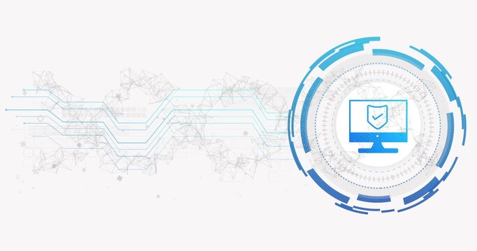 Displaying circular blue HUD housing monitor icon with shield checkmark on white canvas, copy space