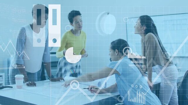 Design team pointing to blueprints and causing charts to appear, annotating plans for review