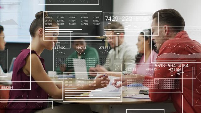 Woman and man exchanging pages, causing overlay animating while analyzing chart in business meeting