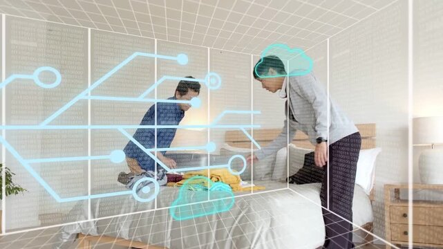 Entering room and seeing AR grid overlay, two men sorting clothes and packing suitcase for moving