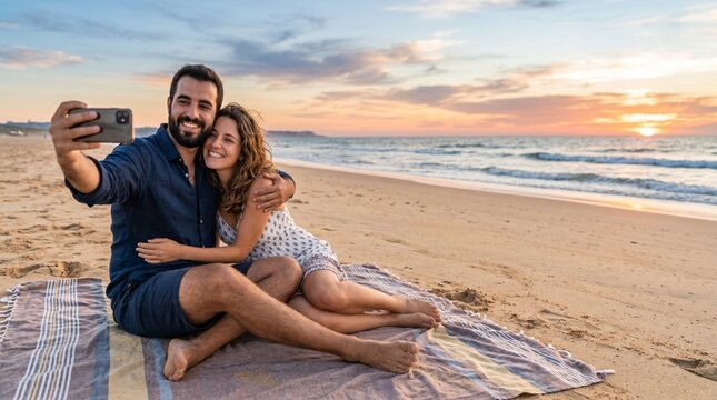Young couple sitting on blanket taking selfie at beach during sunset, romantic summer date, man and woman bonding at seaside, travel lifestyle, happiness and love, weekend getaway