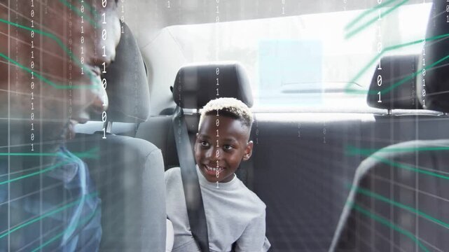 Dad raising hand, high-fiving son in car, celebrating under tech grid binary overlay, both belted