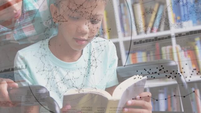 Boy reading book in library, second boy leaning in seeking view, dotted overlay marking book text