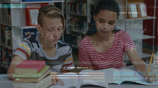 Vertical video: Opening books, two teens in stripes studying reading and marking at library, HUD